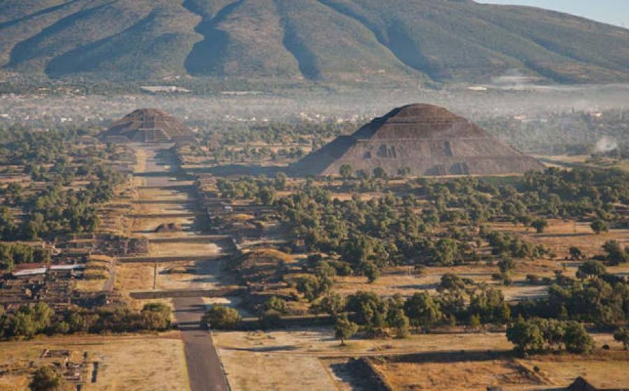 Panoramic view of Teotihuacan in Mexico showing the ancient pyramids and ceremonial complex 