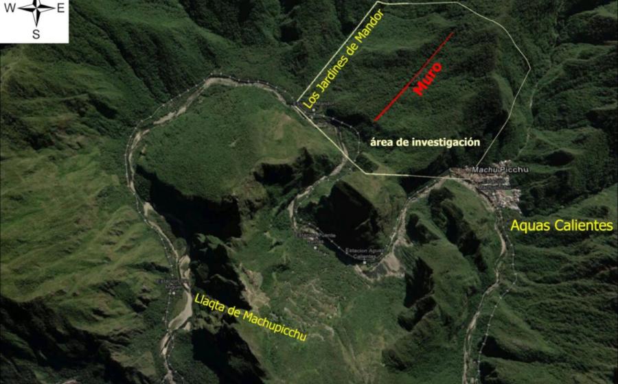 Terrain map showing the archaeological research area surrounding the Muralla de Mandor near Machu Picchu, Peru.