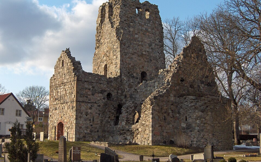 The ruins of the twelfth-century Church of Saint Olof in Sigtuna, Sweden. Dedicated to Saint Olaf of Norway, the church reflects the spread of Romanesque architecture and Christianity throughout medieval Scandinavia