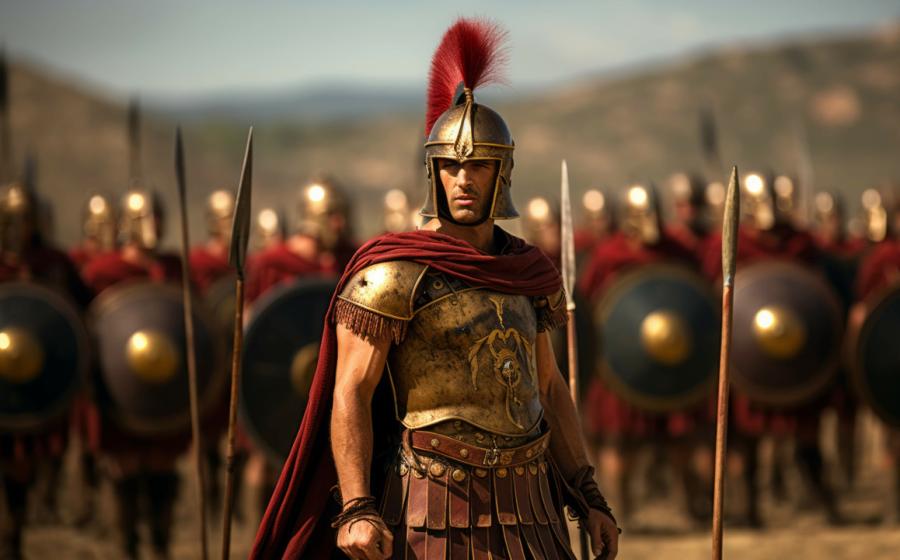 AI generated Roman centurion leading a legion of soldiers in a military formation. 