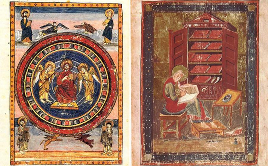 Maiestas Domini page from Codex Amiatinus (fol. 796v), Firenze, Biblioteca Medicea Laurenziana and folio 5r from the Codex Amiatinus (Florence, Biblioteca Medicea Laurenziana, MS Amiatinus 1), Ezra the scribe. "When the sacred books had been consumed in the fires of war, Ezra repaired the damage." 