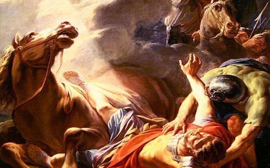 Detail, The Conversion of St. Paul. Paul and companions are knocked to the ground during the profound event.