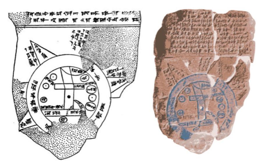 Left; Drawing by B. Meissner in Babylonien und Assyrien, 1925. Right; Babylonian Map of the World with false color.