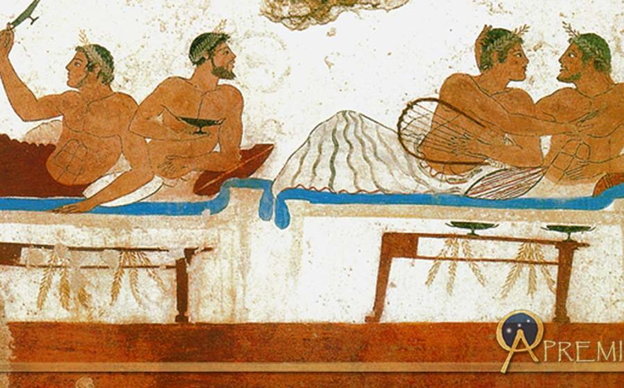 Pederastic couples at a symposium, as depicted on a tomb fresco from the Greek colony of Paestum in Italy. 