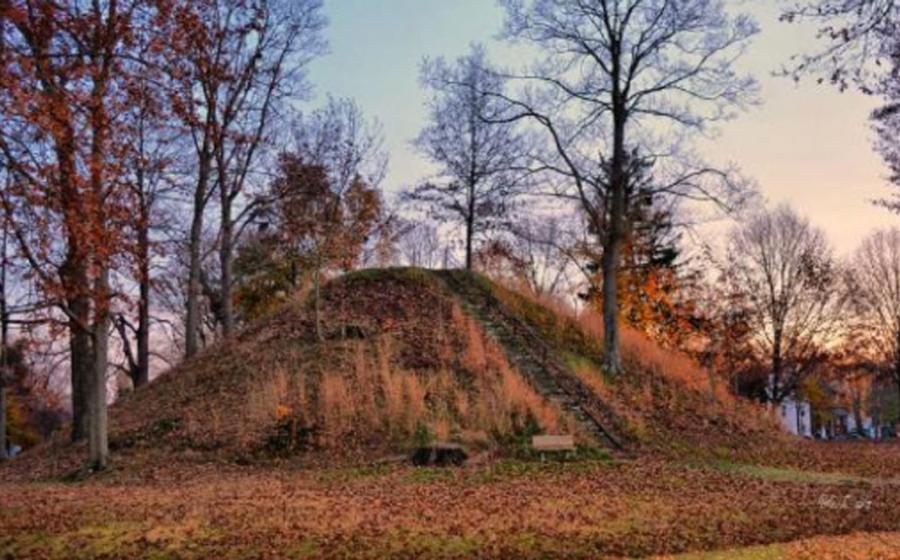 Example of an Adena mound in Mound Cemetery at Marietta Ohio. Unfortunately the Spearhead Mound was destroyed in 1940 for gravel operations.