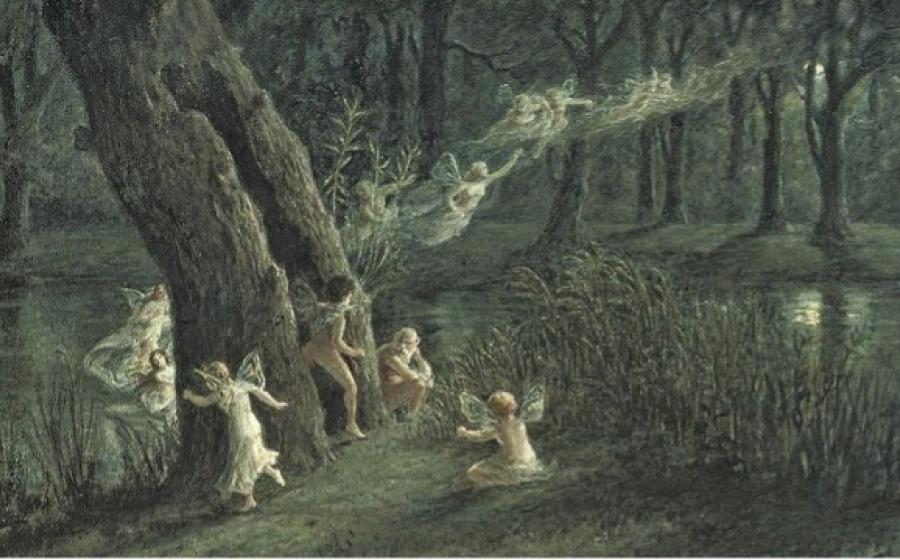 Woodland fairies dancing in the moonlight.