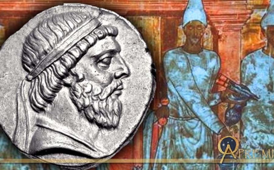 Coin of Mithridates I of Parthia (Classical Numismatic Group, Inc.and illustration depicting a sacrifice being made on behalf of a family, by the chief priest Conon and two assistants, first century AD. Graeco-Iranian style 