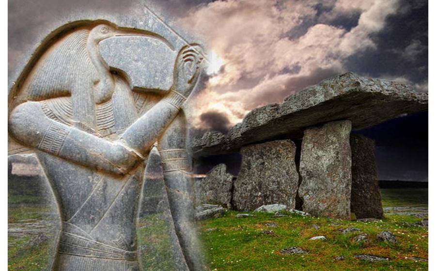Deriv; Ancient Celtic dolmen from Poulnabrone, Ireland and carved Egyptian deity Thoth 