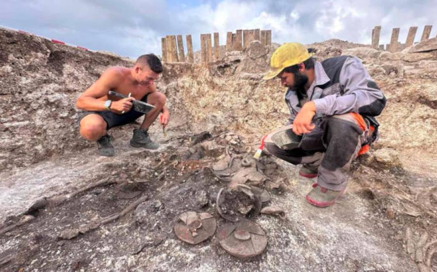 Researchers at the excavation of the 2nd-century BC Thracian warrior burial
