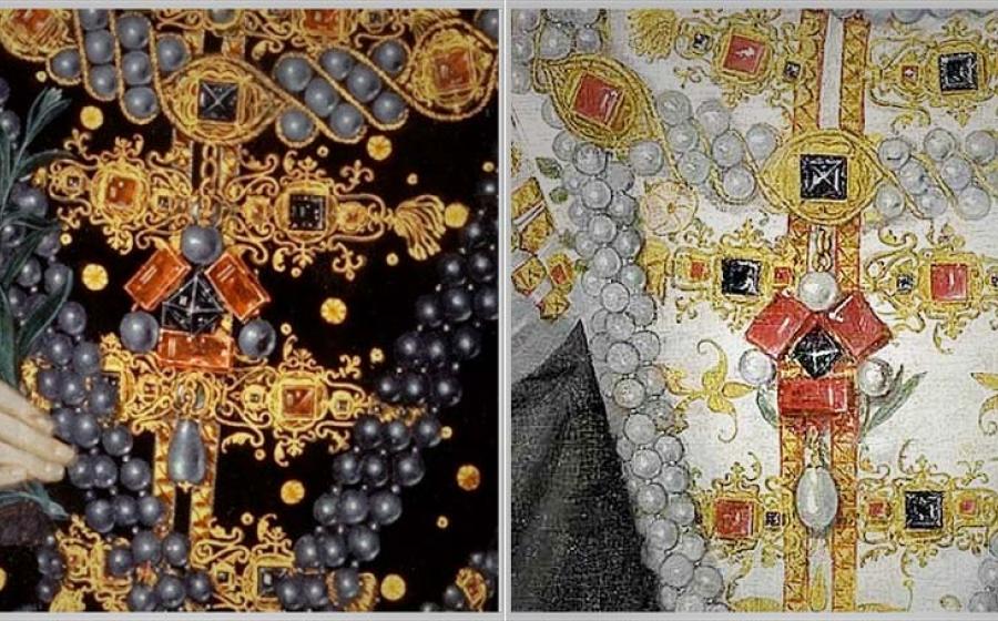 Detail of the "Three Brothers" jewel from two paintings of Elizabeth I, the "Ermine Portrait" and "Elizabeth I of England holding an olive branch"	Source: CC BY-SA 3.0