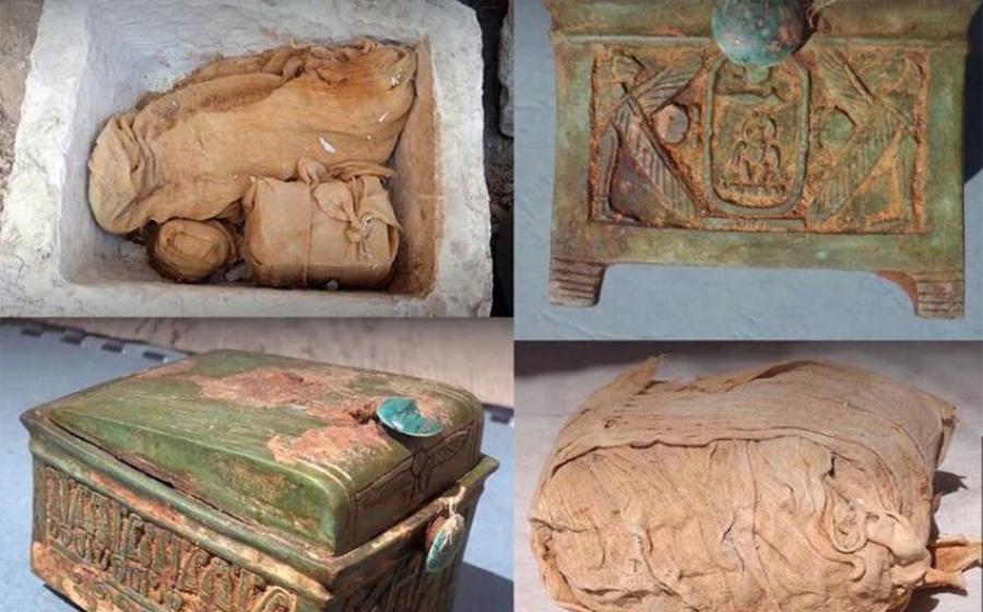Several packages wrapped in linen canvas (top left and bottom right) were found inside the chest. One package contained a wooden box (bottom left and top right), which is evidence that Thutmose II’s lost tomb is nearby.        Source: Andrzej Niwiński / Warsaw University’s Institute of Archaeology