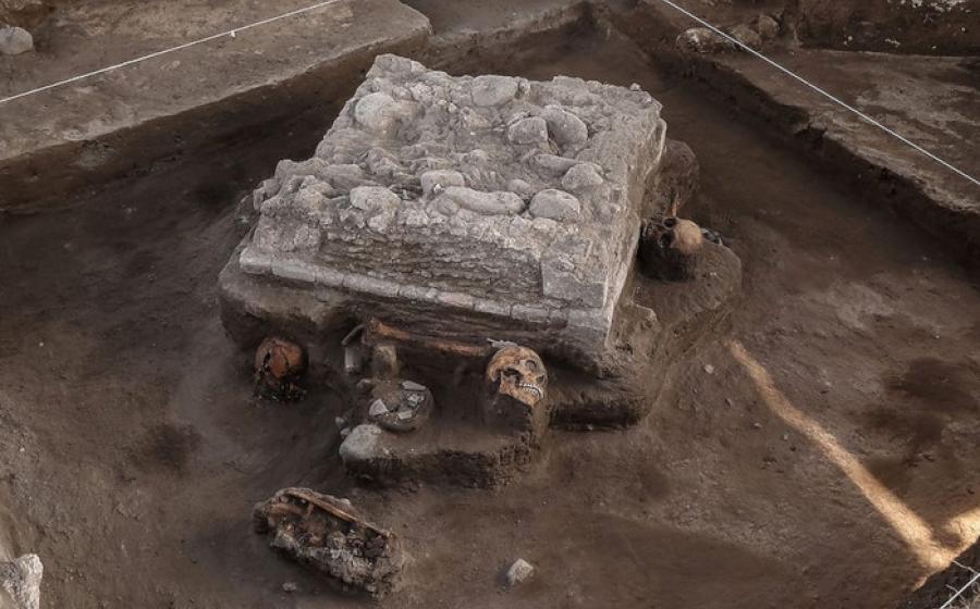 The Toltec altar and human remains discovered in Tula, Mexico.