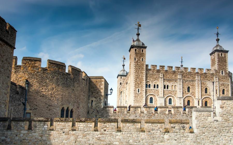 The White Tower and outer walls of the Tower of London.