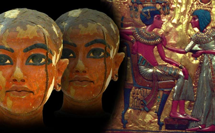 Deriv; Sculpture depicting the King Tutankhamun as a child, gold plate with Tutankhamun and Ankhesenamun.