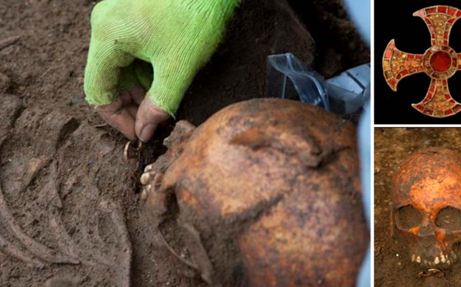 Left, The Trumpington Cross is found during the excavation of the burial in 2012. Top right, The Trumpington Cross. Bottom Right, Skull of Anglo-Saxon girl in the burial. Source: University of Cambridge Archaeological Unit