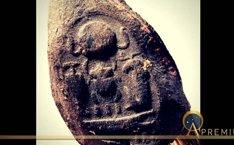 This mud sealing found in KV 54 is still attached to a piece of the papyrus tie that was used to secure a container. The impression preserves the throne name of Tutankhamun, Nebkheperure, and the epithets “beloved of Khnum” and “manifold of praises.”