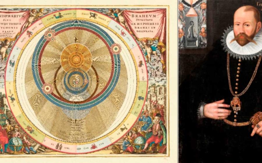 Left; 1660 chart illustrating Tycho Brahe’s model of the universe Right; Portrait of Tycho Braha, Skokloster Castle, Source: Left; Public Domain, Right; Public Domain
