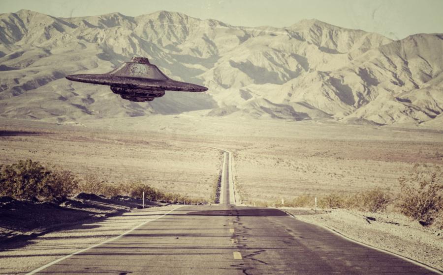 A UFO flying over the New Mexico desert. 