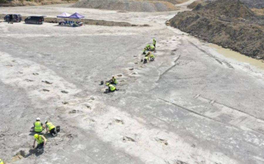 Pair of dinosaur trackways crossing over each other on the floor of Dewars Farm Quarry in Oxfordshire.