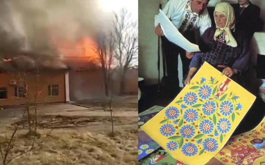 Ukrainian heritage is already endangered by the crisis. Here shows the Ivankiv Historical and Local History Museum shown burning (left) with artwork of Maria Prymachenko (right) destroyed.	Source: The Art Newspaper