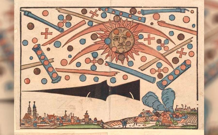 1561 celestial phenomenon over Nuremberg as printed in an illustrated news notice (described by UFO enthusiasts as an aerial battle of extraterrestrial origin and considered a sun dog by skeptics) Source: Public Domain