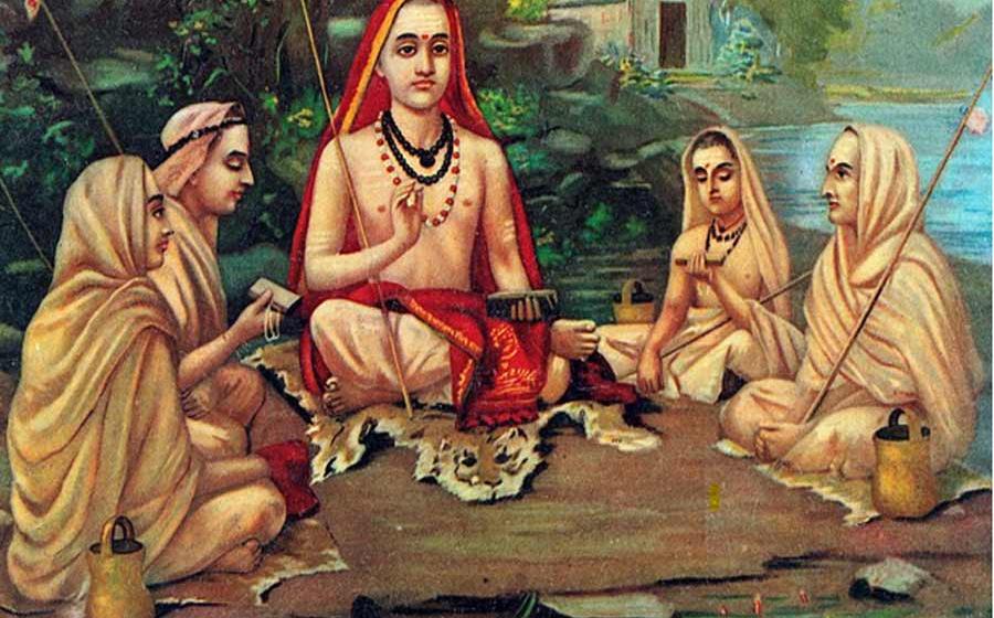 Adi Shankara, 788-820 AD, founder of the Advaita Vedanta, the oldest extant sub-school of Vedānta, a tradition of interpretation of the Upanishads, by Raja Ravi Varma.	Source: Raja Ravi Varma / Public domain