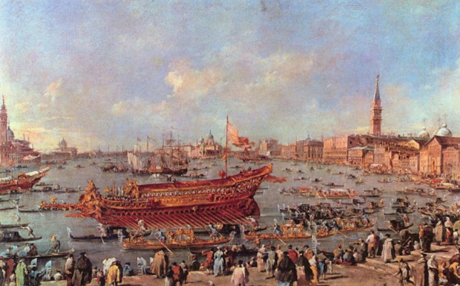 Painting of the launch of a ship in Venice by Francesco Guardi (1712-1793) called ‘The Departure of the Bucentaur, at the Lido.’
