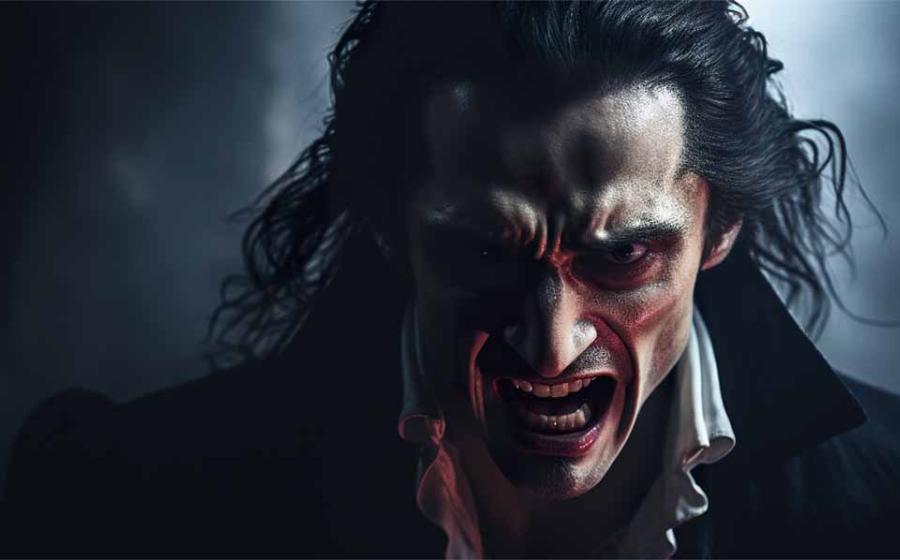 AI close-up portrait of Dracula baring his sharp fangs, with a predatory glare in a dark room.		Source: EOL STUDIOS