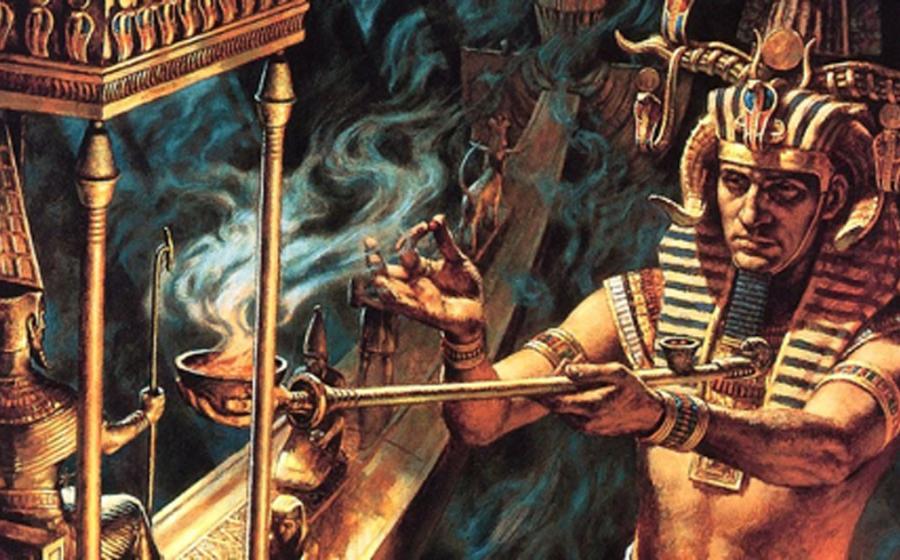 An artist’s imaginary depiction of a pharaoh burning herbs (possibly cannabis or blue lotus) in a ritual. 