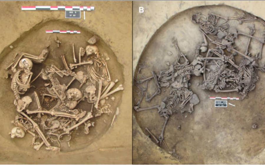 Overhead views of Stone Age pits filled with human skeletons excavated in France