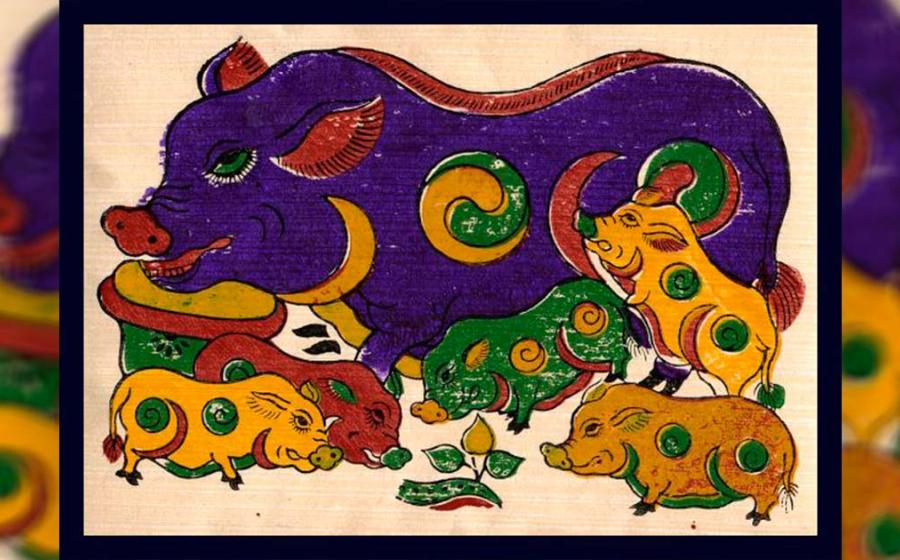 Dong Ho Vietnamese art is an aesthetic symbol in Vietnamese culture.  This painting is titled, ‘Good luck wish’: Lợn âm dương (Yin-yang pig). Source: Public Domain