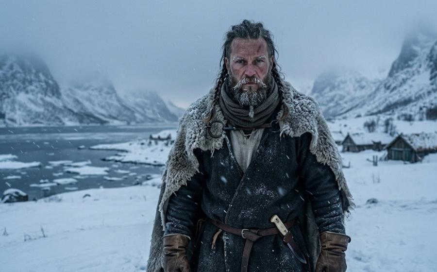 A photorealistic illustration of an early Viking settler enduring the harsh 'Fimbulwinter' in 6th-century Norway.