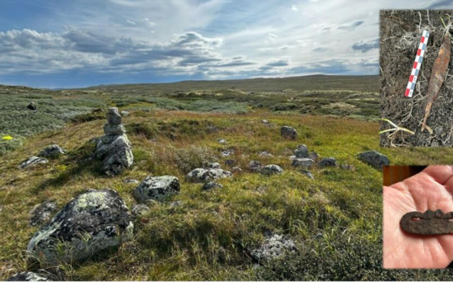 The foundation of an old hut near a hiking trail in Holmetjønn, Hardangervidda, Norway. 