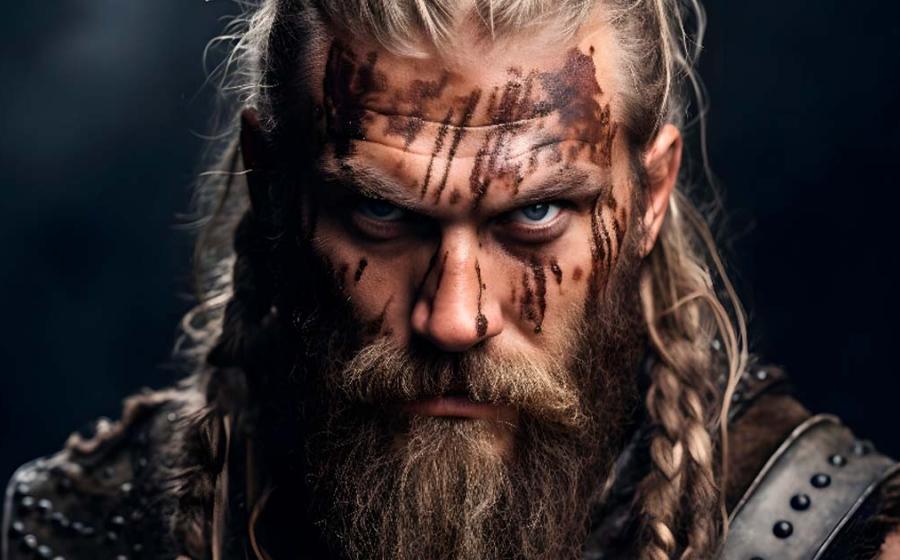 AI portrait of fearless powerful warrior Viking man with blood marks. Source: Asiri/Adobe Stock