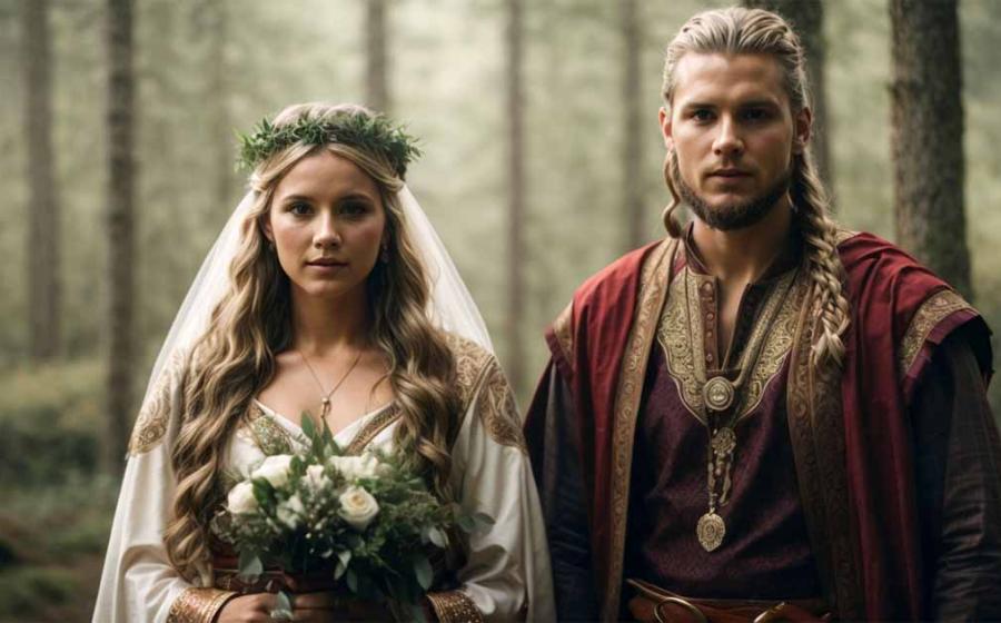 Bride and groom, in Viking traditional outfits. Viking wedding rituals were necessary to earn the blessings of the gods and for continuing the Viking bloodline.  Source: MaxNadya/Adobe Stock