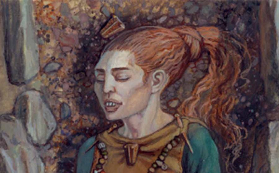 Drawing of the grave of the female individual with an artificially modified skull in grave 192 from Havor, Hablingbo parish, Gotland. Source: ©Mirosław Kuźma / Matthias Toplak 2019 / Current Swedish Archaeology