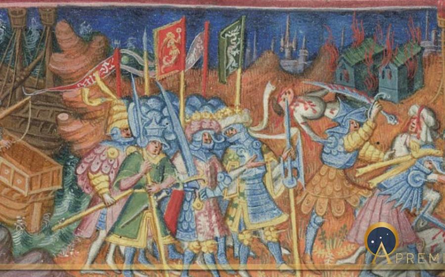 The Great Heathen Army. The scene depicts brothers Hinguar and Hubba slaying Christians in the north of England. Manuscript from British Library (Public Domain)