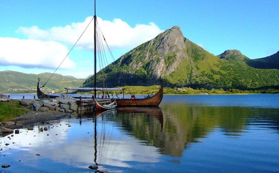 Replica of 9th century Viking ship docked in Norway. 