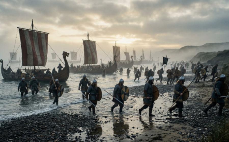 Cinematic style impression of The Great Heathen Army landing on the shores of Anglo-Saxon Britain