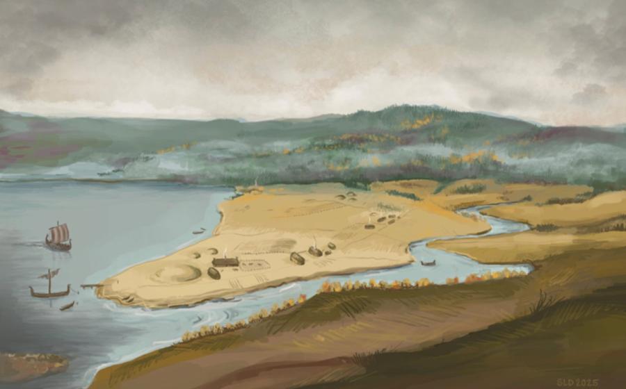 Illustration of how the burial mound and the surrounding farms may have looked in the 10th century. 