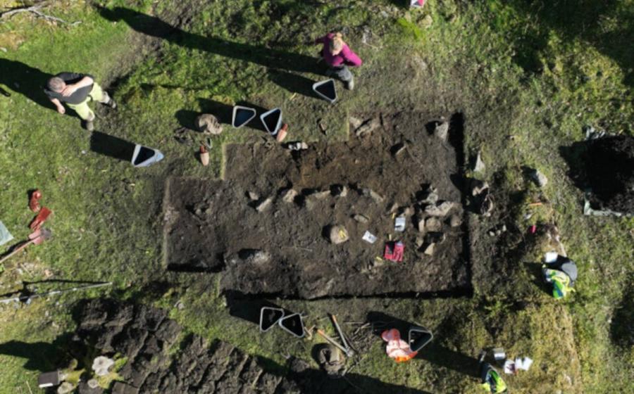 Aerial view of one of the Viking Age burials at Skumsnes, Fitjar, Norway.