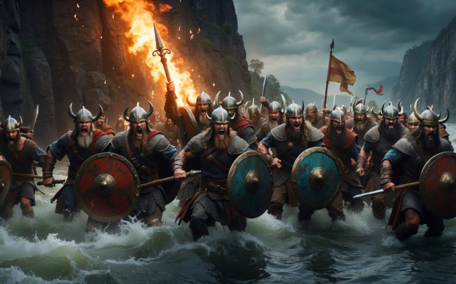 A group of marauding Vikings coming ashore.