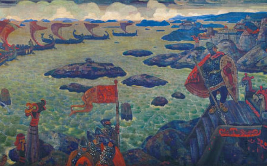 Ready for the Campaign (The Varangian Sea) (1910), by Nicholas Roerich, depicts Viking-era Scandinavian traders on the banks of the Dnieper River in eastern Europe.	
