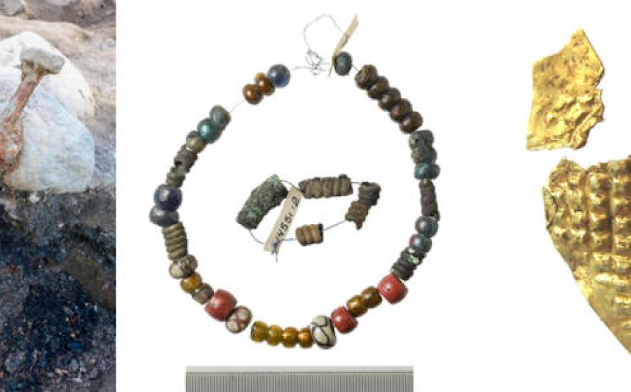 Viking sword standing in situ, bead necklace, gold sheet.