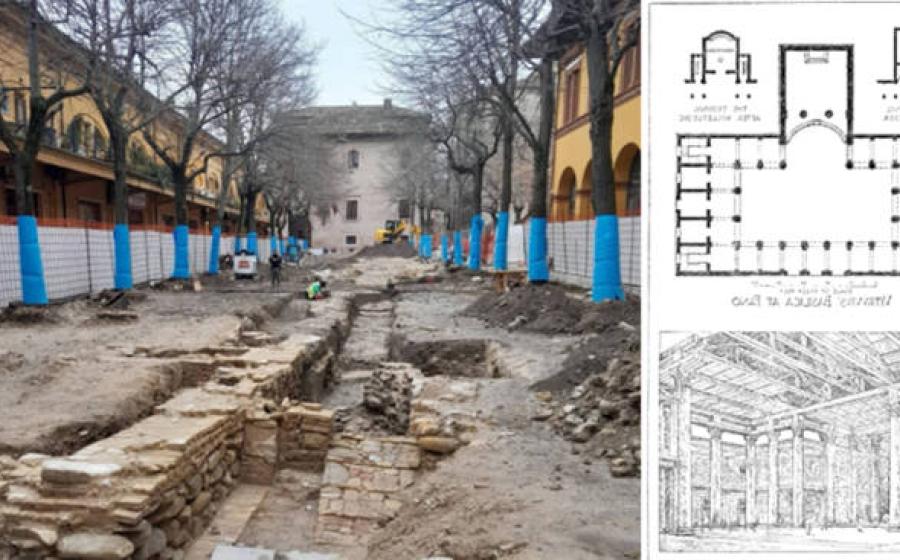Left; the remains of Vitruvius' basilica.  Right; Historic diagram showing the basilica