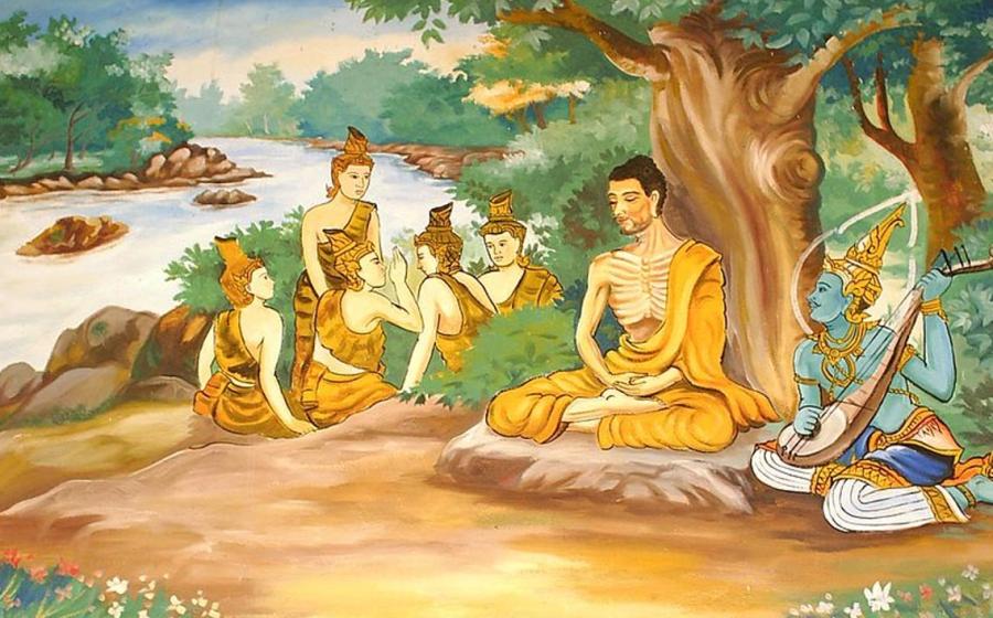 Wallpainting in a Laotian temple, depicting the Bodhisattva Gautama (Buddha-to-be) undertaking extreme ascetic practices before his enlightenment. A god is overseeing his striving, and providing some spiritual protection. The five monks in the background are his future 'five first disciples'.