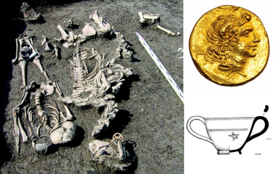 The warrior remains in situ at the Maeotian necropolis of Vinogradny, Russia. Inset, coin and jug with pentagram