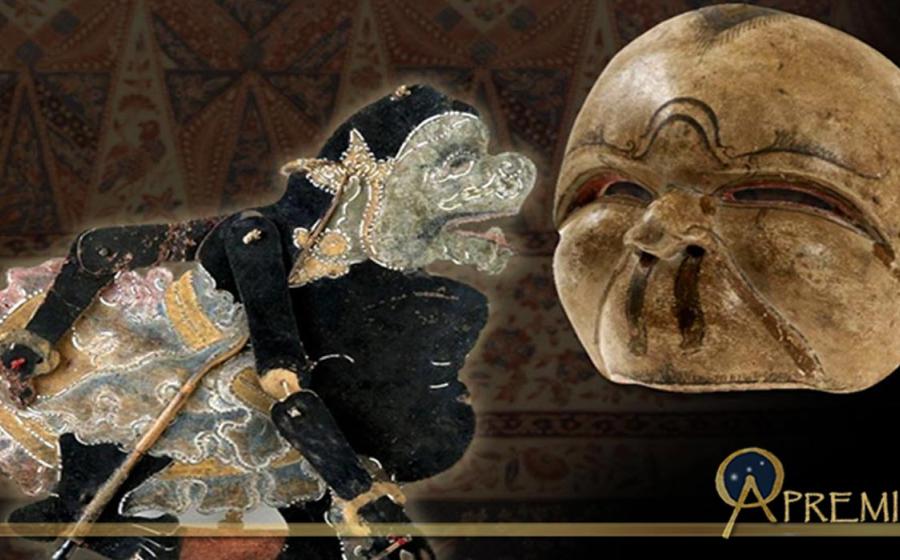 Deriv; Wayang kulit figure, representing Semar (CC BY-SA 3.0) and Mask of Semar for traditional Javanese theater performance (CC BY-SA 3.0), and sarong from Java, c. 1880.