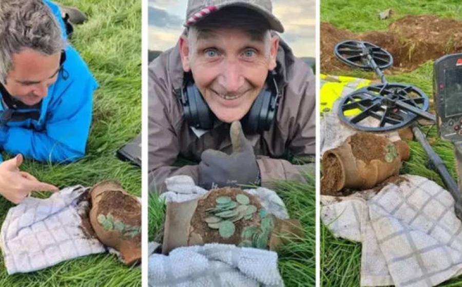 Various shots of the finders with the Roman coin hoard found in Wales.