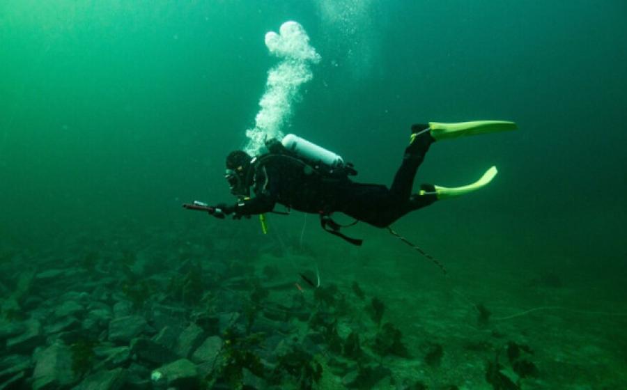 Marine archaeologist Christopher F. Kvæstad documents the stone belt in Grindasundet, Norway